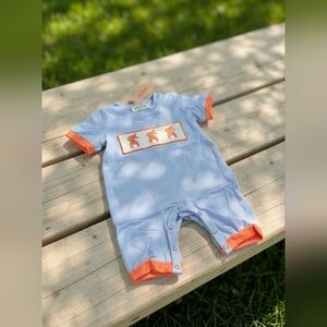 Marie Nicole Baby Blue & Orange Smocked Bunny Romper Sz 6-12M